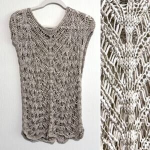 Eileen Fisher Womens Crochet Open Knit Top L Beige Taupe Layerable Neutral Boho